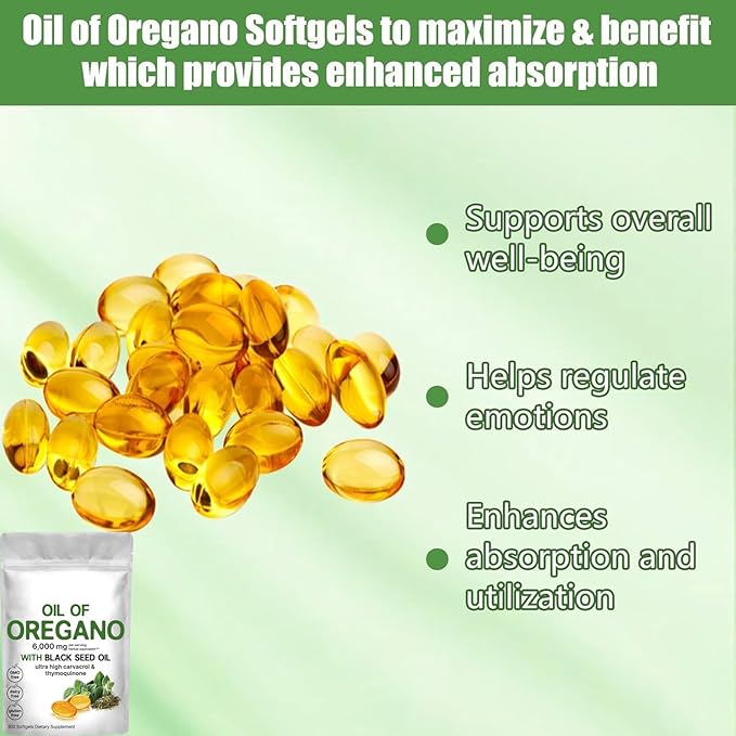 Oregano Black Seed Oil Softgels, 300 Capsules. 2 in 1 Oil of Oregano Softgels Each serving of oil of oregano capsules contains 6,000mg oil of oregano with 200mg black seed oil. Oil of oregano with black seed oil are combined into one and work together Pre