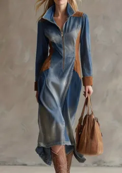 Western Retro Print Lapel Zipper Slim-fit Midi Long Sleeve Dress - 1Style - View 1