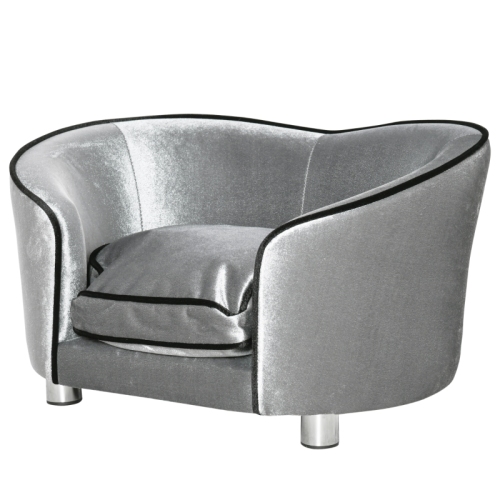 PawHut Dog Sofa Pet Chair, Kitten Bed Couch W Wooden Frame, Removable Cushion Silver Tone And Grey Grey - Shop at LoveMi