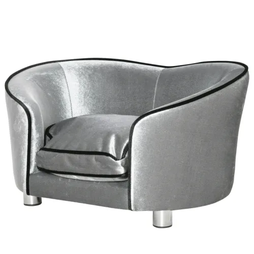 PawHut Dog Sofa Pet Chair, Kitten Bed Couch W Wooden Frame, Removable Cushion - Silver-Tone And Grey - Grey