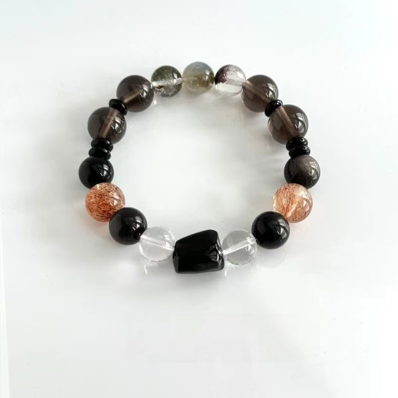 Natural Black Gold Super Seven  Smoky Quartz Bracelet Silver Obsidian Two Tone Beaded Chain Unisex Energy Jewelry