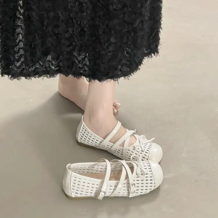 Women's Hollow Woven Mary Janes, New Summer Bow Ballet Flats, Dress Matching Pumps