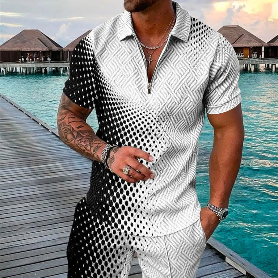 Men's Summer Fashion 3D Printed Short Sleeve Geometric Zip