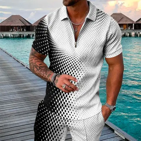 Men's Summer Fashion 3D Printed Short Sleeve Geometric Zip