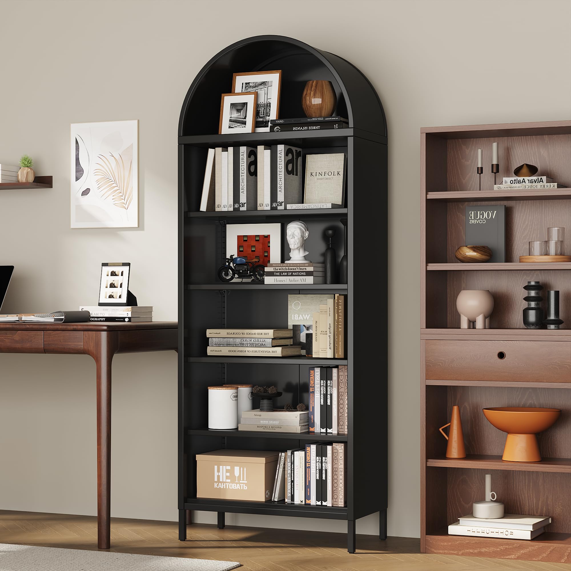 73inch Tall Arched Bookcase Cabinet, 6-Tiers Metal Black Arched Bookshelf For Home Office, Living Room, Assembly Required