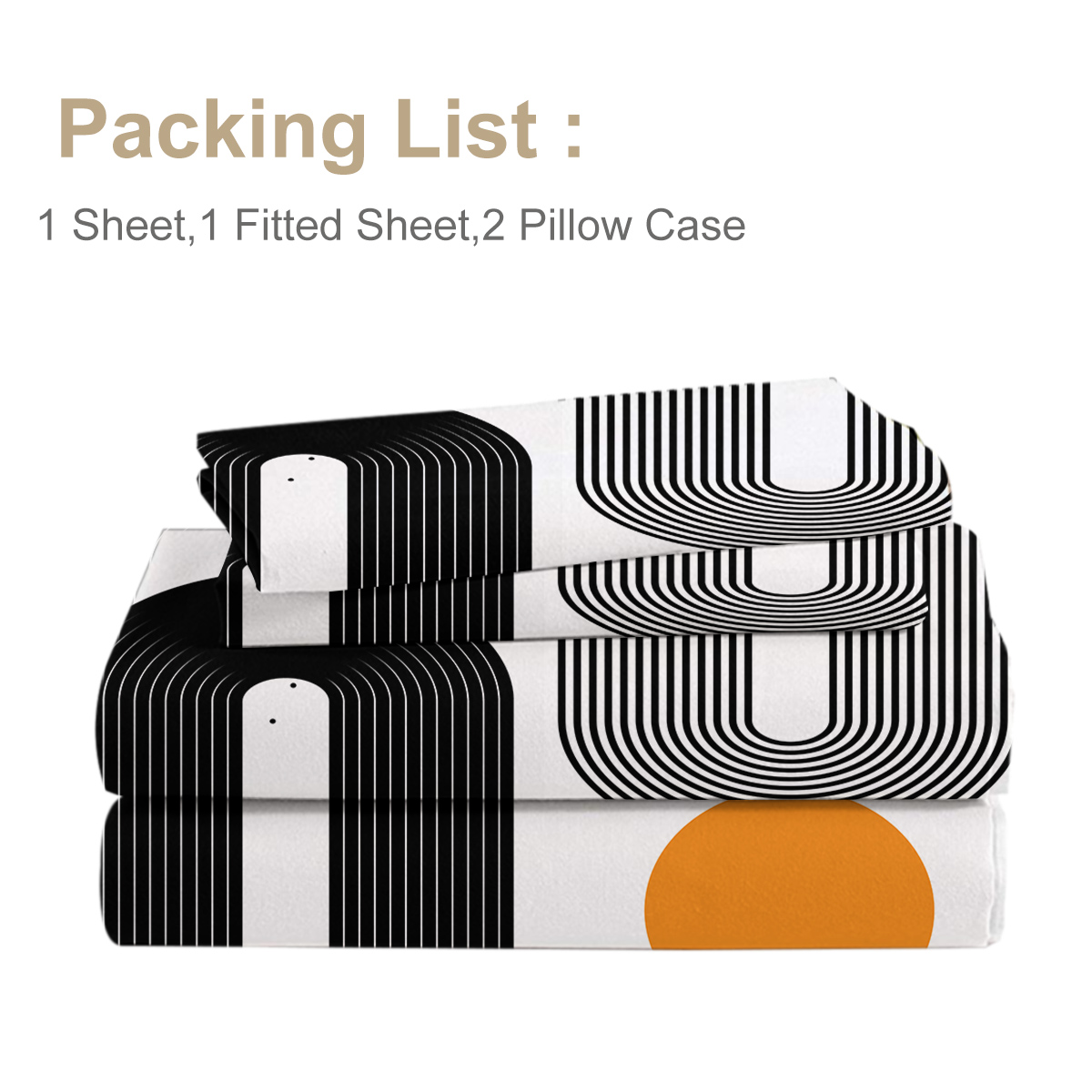 Modern Boho 4 Piece Flat Sheets Set, Abstract Minimalist Art Bed Set With 1 Fitted Sheet 1 Flat Sheet 2 Pillowcases, Black White