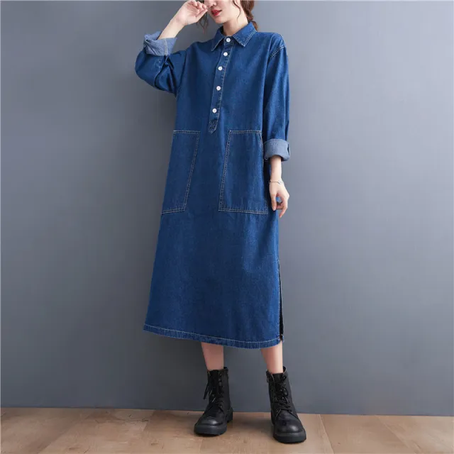 Large Size Denim Long Sleeve Pullover Dress Girl Blue - Shop at LoveMi