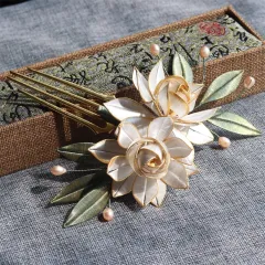 Headdress Antique Gold Gardenia Retro Pearl Hair Hairpin - White - View 1
