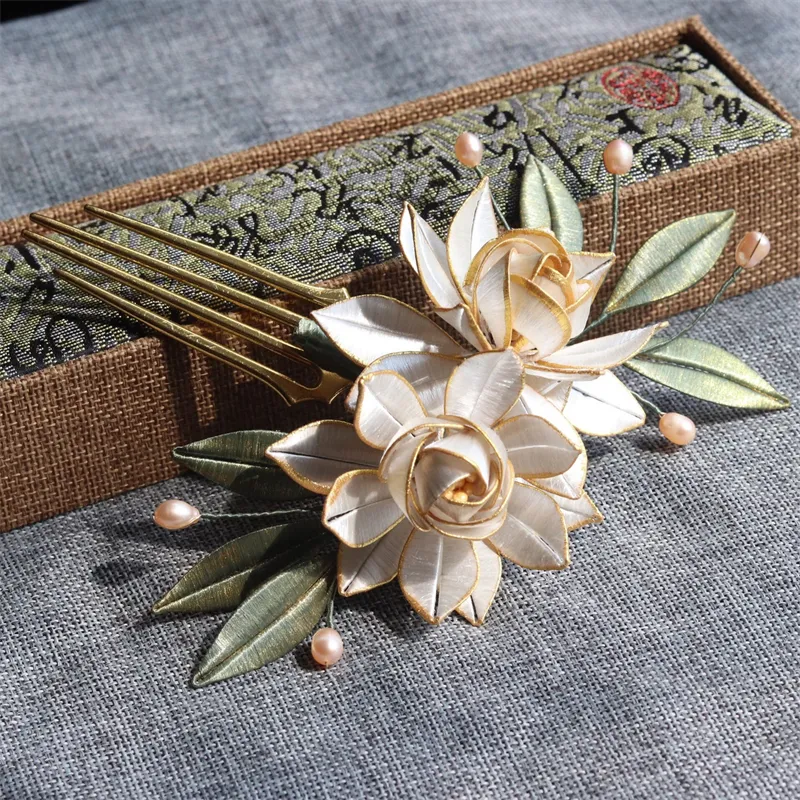 Headdress Antique Gold Gardenia Retro Pearl Hair Hairpin - White