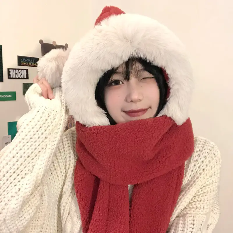 Korean Style Red Christmas Hat Scarf Integrated Women's Winter Cute Plush Warm Ear Protection Scarf Gloves Three-piece Set