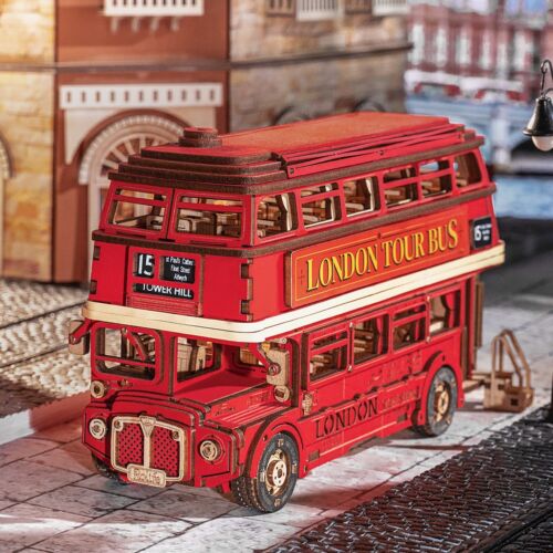 London Tour Bus 3D Wooden Puzzle Toy. Rolife 3D Puzzle Adult, DIY wooden model kit. Children 14 and older, toys. Tabletop decoration, furniture decoration, birthday, Christmas gifts. Wood piece: 255pcs; Assembly time: about 3 hours. Assembly Size: 194*78*