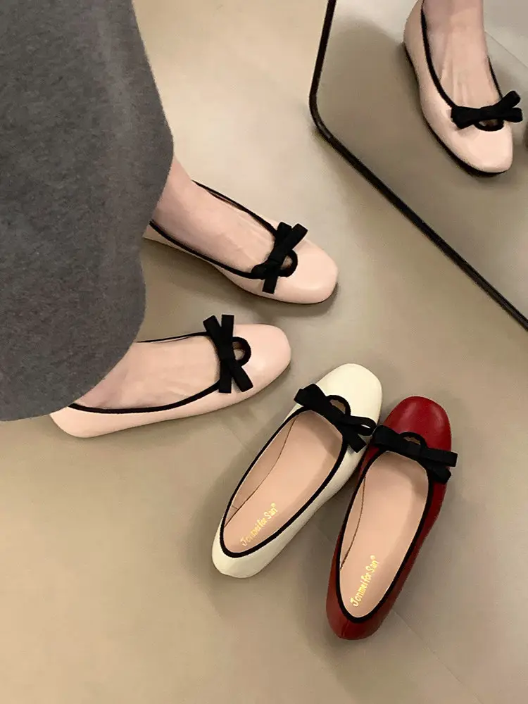 Women Elegant Round Square Toe Hidden Height Flats, Bow Decor Mary Jane Slip On Ballet Shoes, Matching Dress Casual Footwear 2026