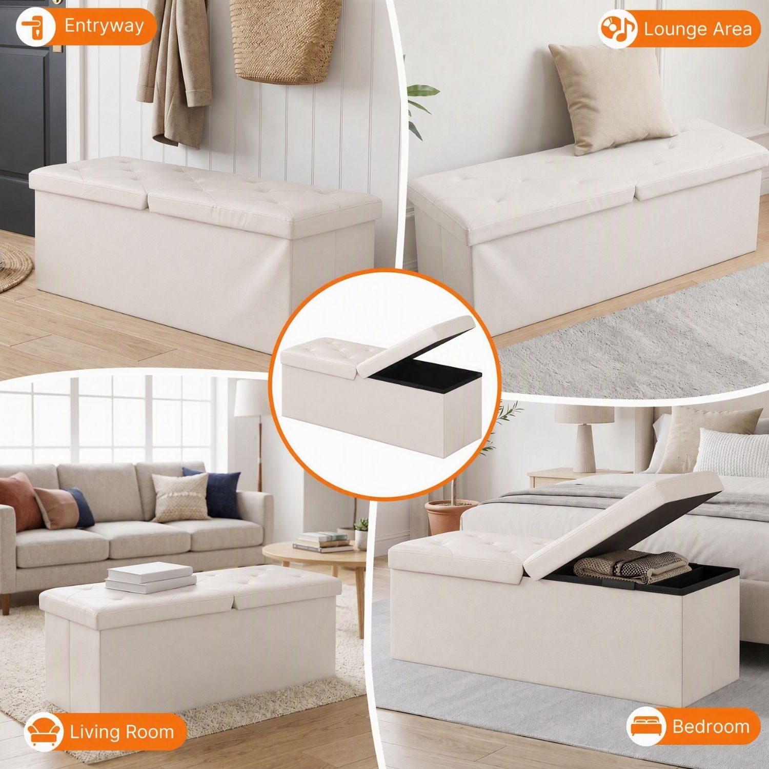 Folding Storage Ottoman, Compact Flip-Top Ottoman With Divider, Padded PVC Seat, Space-Saving Footrest Stool For Bedroom, Entryway, Living Room image 8