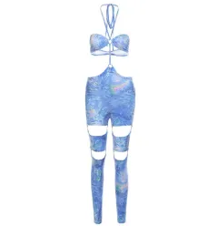 Summer Fashion Sexy Halter Neck Buckle Cutout Strap Hollow Jumpsuit - Blue - View 1