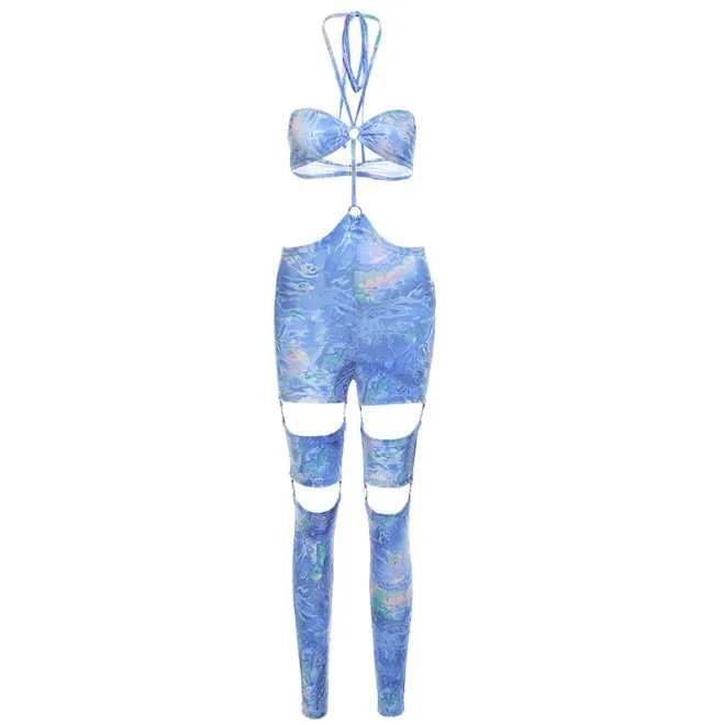 Summer Fashion Sexy Halter Neck Buckle Cutout Strap Hollow Jumpsuit Blue - Shop at LoveMi