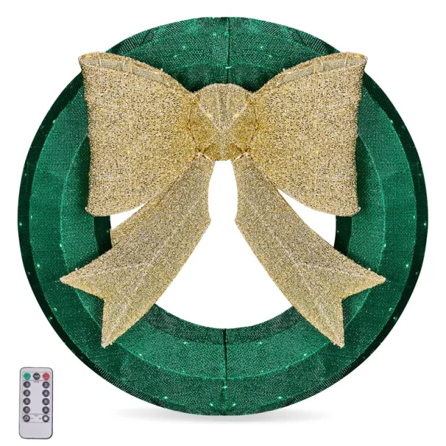 24in Pre lit Outdoor Christmas Wreath Decoration, Lighted Metal Wreath With Golden Bow, Green And Warm White LED Lights, For Front Door Gate Wall I... Green Warm White - Shop at LoveMi