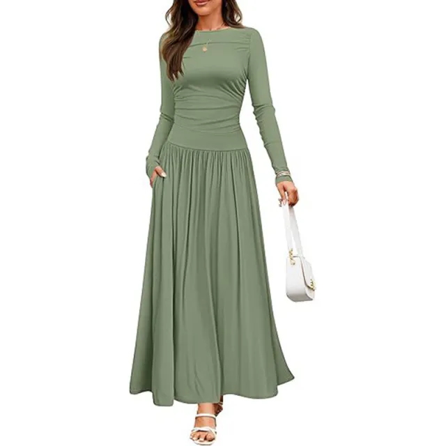 Women's Elegant Ruffle Detail Dress, Solid Color Round Neck Long Sleeve Knit Dress With Pockets Green - Shop at LoveMi