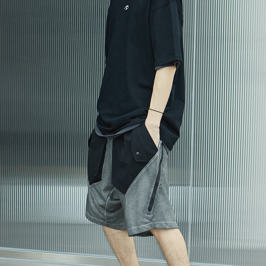 Washed Distressed Paneled Zipper Technical Shorts