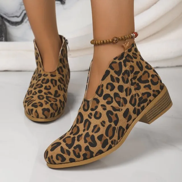 Fashion V cut Ankle Boots With Side Zipper Round Toe Square Heel Suede Boot For Women Shoes Winter Leopard - Shop at LoveMi