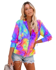 Long Sleeve Casual Tie Dye Print Colorful Hooded Long Sleeve Sweatshirt - Blue - View 1