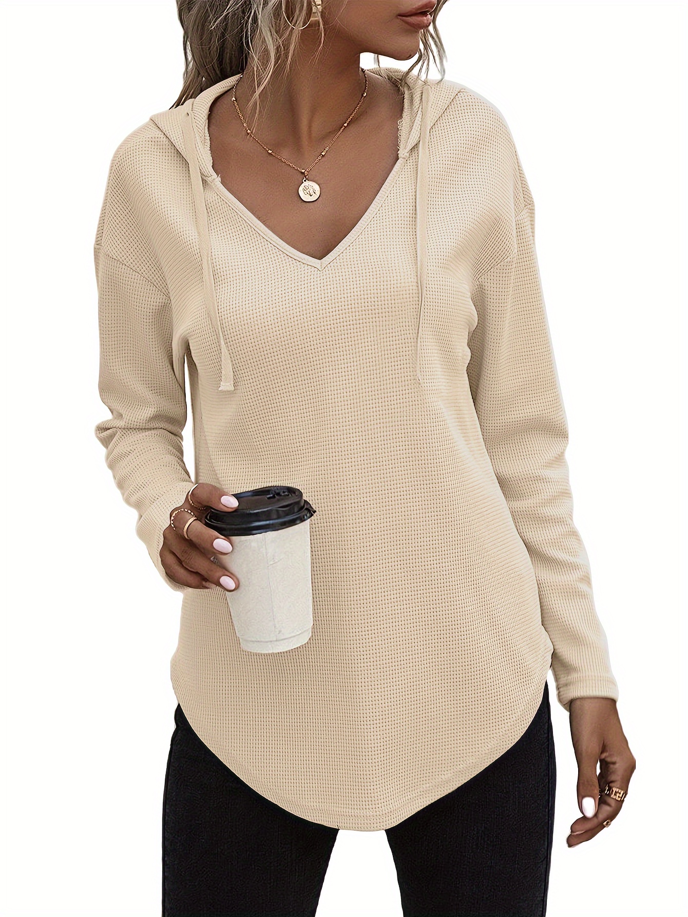 Elegant Beige Hanky Hem V-Neck Hoodie For Women