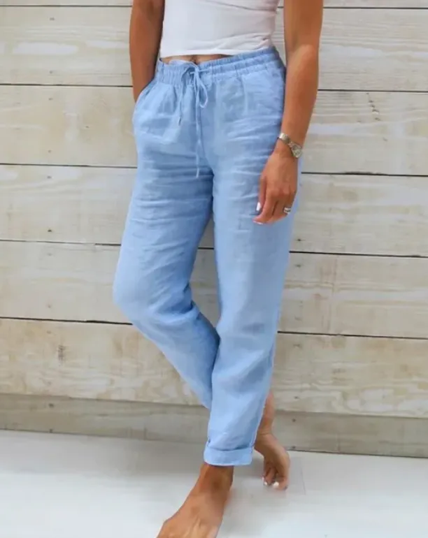Elastic Waist Solid Cotton Hemp Pants Blue - Shop at LoveMi