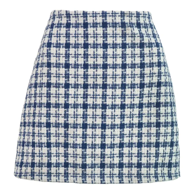 Xiaoxiangfeng Woolen High waisted Skirt Retro Well Grid A line Skirt Women Blue - Shop at LoveMi