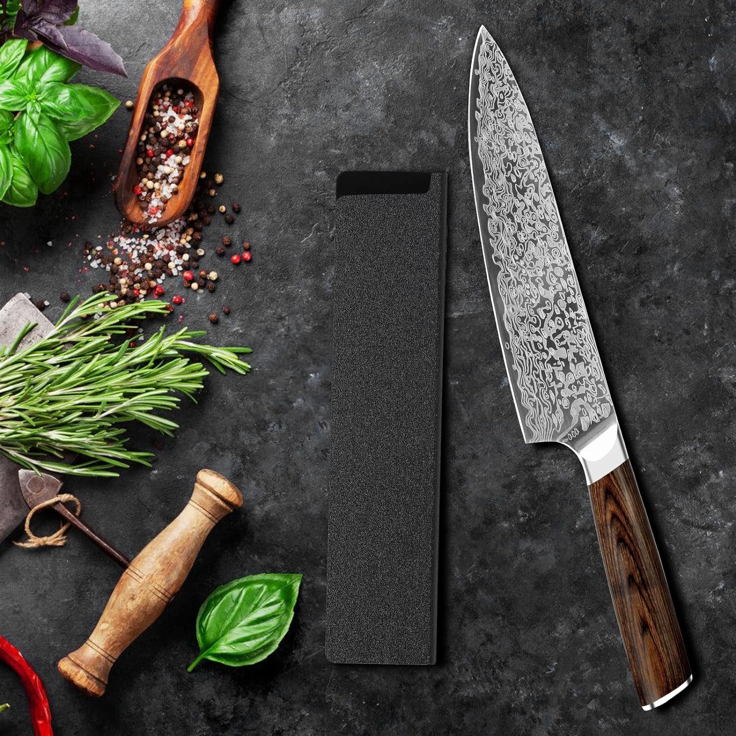 Vanadium-Steel-Chef-Knife-Laser-Pattern-Rosewood-Handle-MATERIAL-1-4116-molybdenum-vanadium-steel-imported-from-Germany-has-been-carefully-polished-through-10-processes-with-a-hardness-of-58HRC-and-a-thickness-of-2mm-Steel-kitchen-knife-is-not-only-sharp-