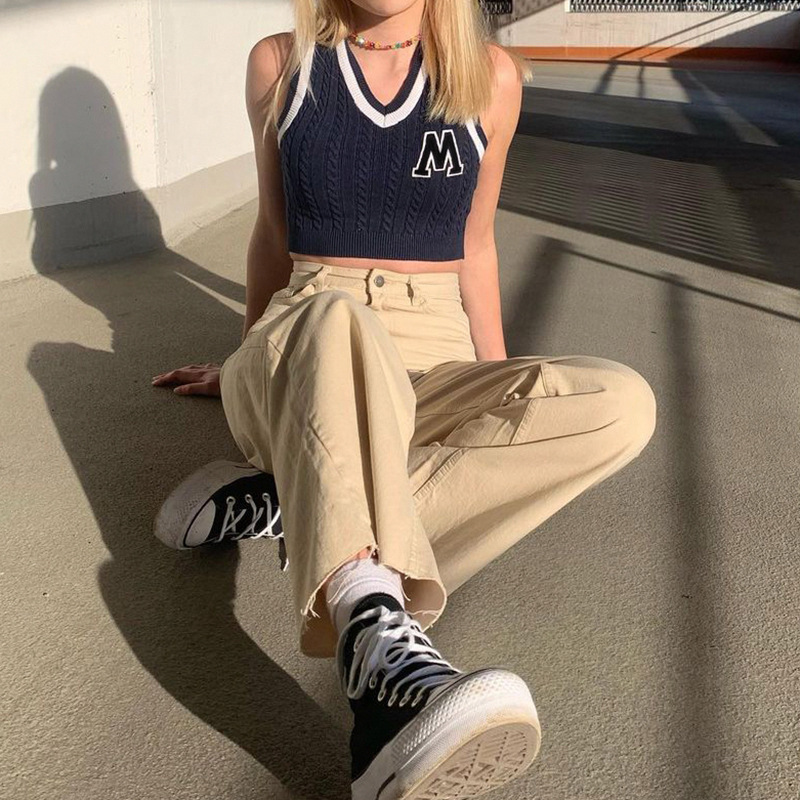 Summer Fashion Sleeveless Letters Contrast Color Stitching V-neck Vest