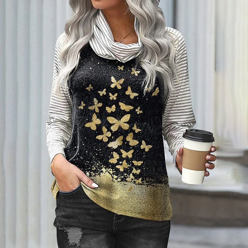 Title 5, Stitching Long-sleeved Pile Neck Top Printed T-...