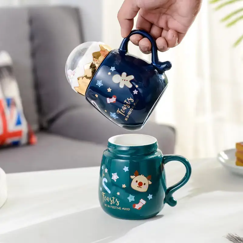 Blue Christmas Ceramic Mug With Lid