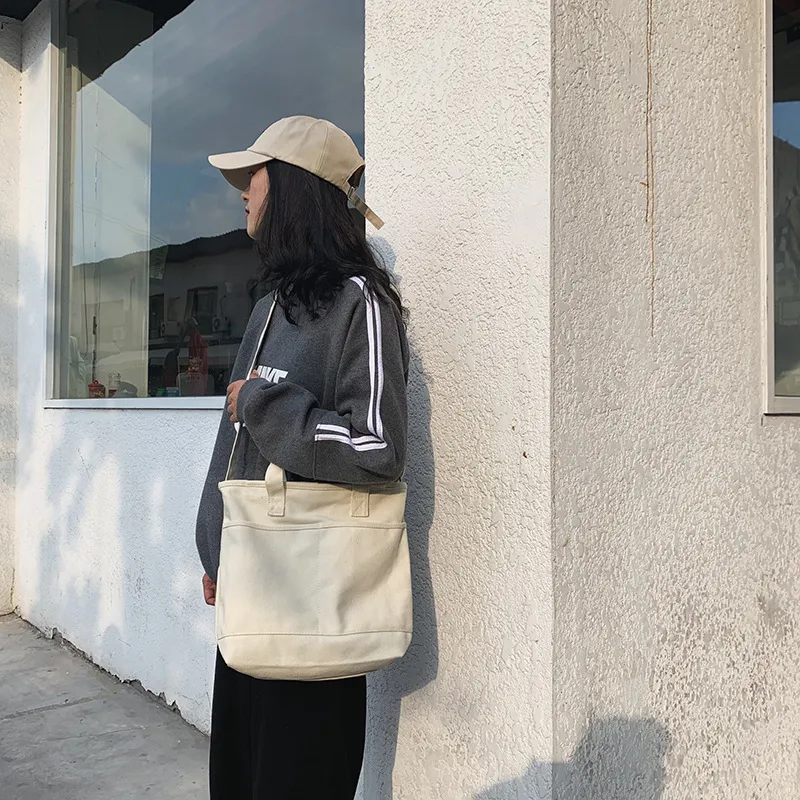 Solid Colour Messenger Korean Girls' Canvas Satchel - White