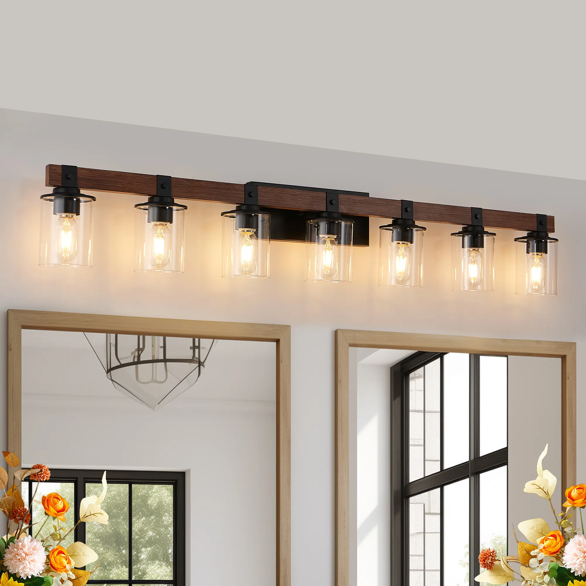 50in Rustic 7-Light Vanity Light, Industrial Bathroom
