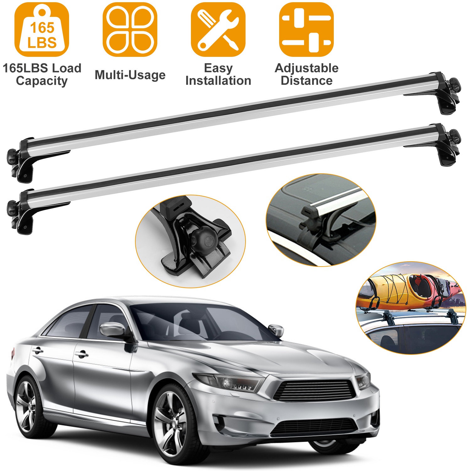47.24in Universal Top Roof Rack Cross Bar Cargo Carrier Aluminum Crossbar Rack With 165LBS Capacity Fit For Most Vehicle Wagon Car Without Roof Side Rail — foto 8