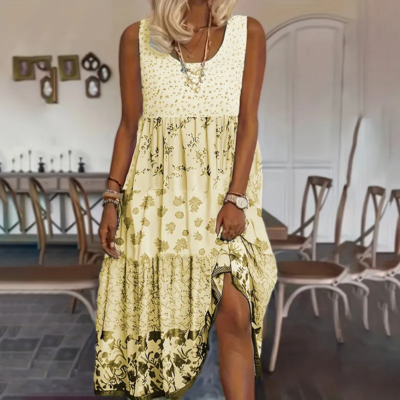 Women's Bohemian Floral Sleeveless Midi Dress Round Neck A-Line Summer Dress For Casual Or Dressy Occasions - Yellow