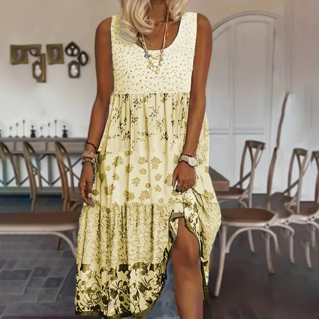 Women's Bohemian Floral Sleeveless Midi Dress Round Neck A Line Summer Dress For Casual Or Dressy Occasions Yellow - Shop at LoveMi