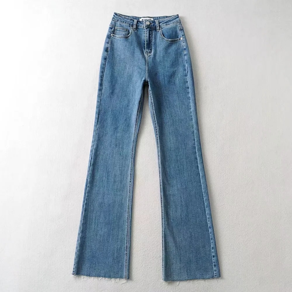 Raw Edge High Waist Denim Flared Pants Trendy Women's Clothing Blue - Shop at LoveMi