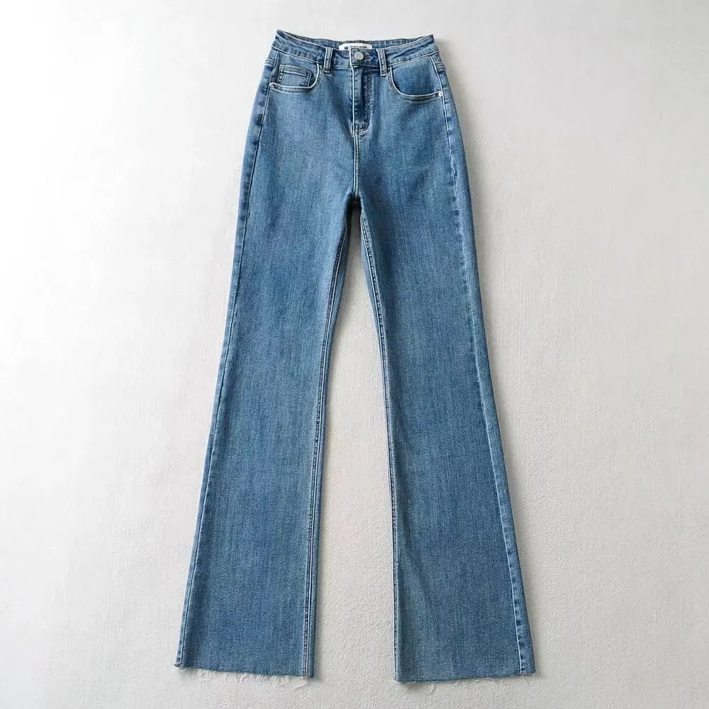 Raw Edge High Waist Denim Flared Pants Trendy Women's Clothing - Blue