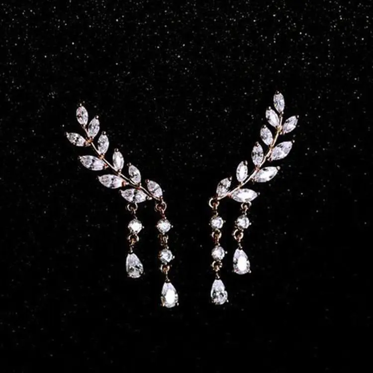Earrings Superflash Zircon Silver Needle Leaf Fringe
