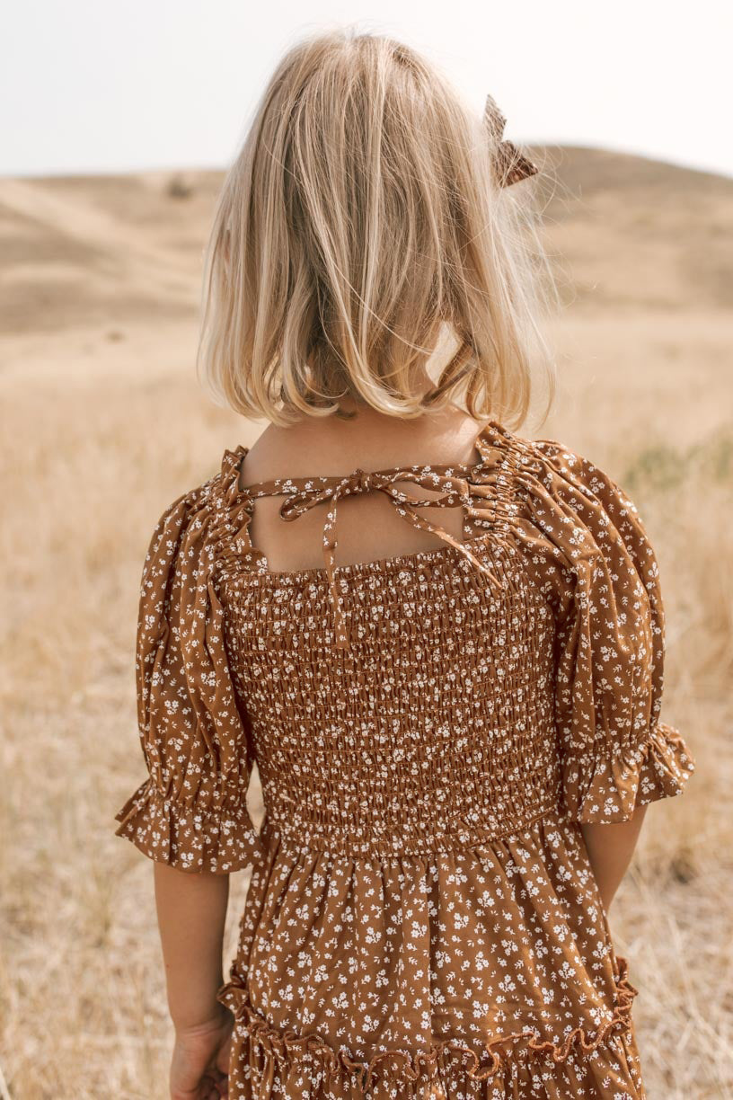Girls Square Neck Lantern Short Sleeve Ruffle Pleated Princess Dress