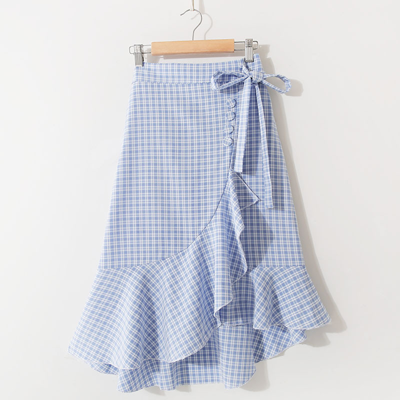 Lace up Plaid High Waist Slim Ruffle Irregular Skirt Blue - Shop at LoveMi