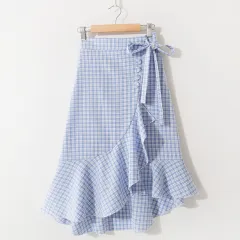 Lace-up Plaid High Waist Slim Ruffle Irregular Skirt - Blue - View 1