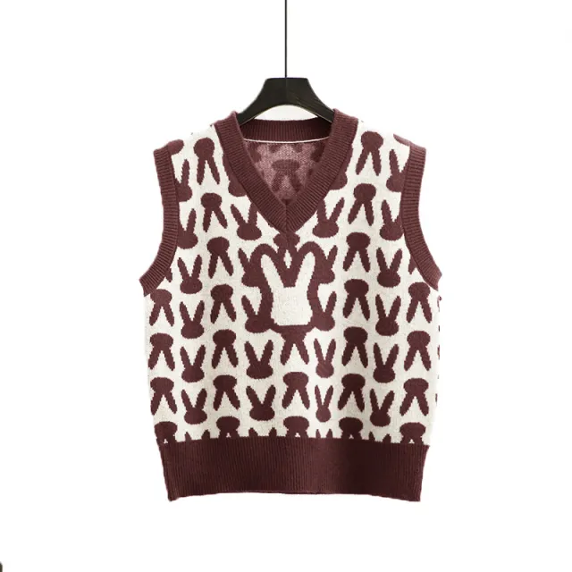 Rabbit Pattern Loose Waistcoat Sleeveless Sweater Vest Coffee - Shop at LoveMi