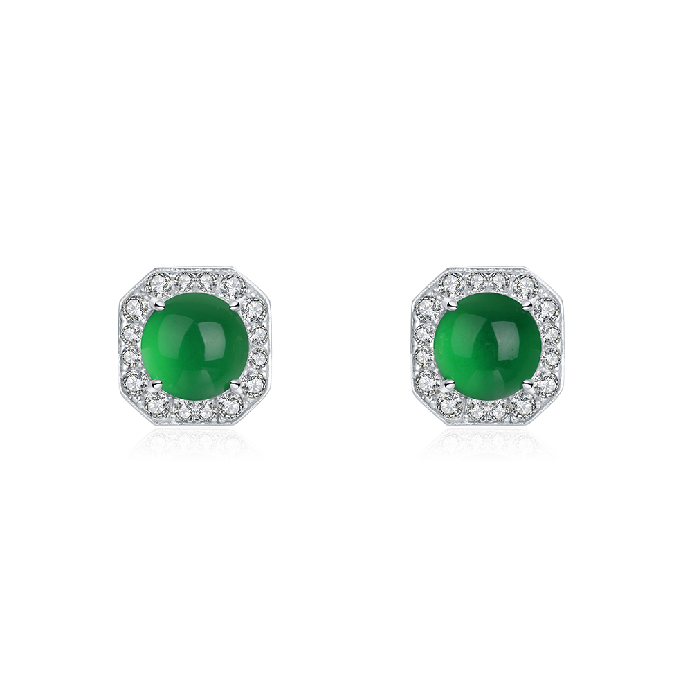 S925 Sterling Silver Octagon Halo Stud Earrings, 6mm Round Green Chrysoprase, Platinum Plated 2.3g, Elegant Women's Jewelry With Gift Box Set