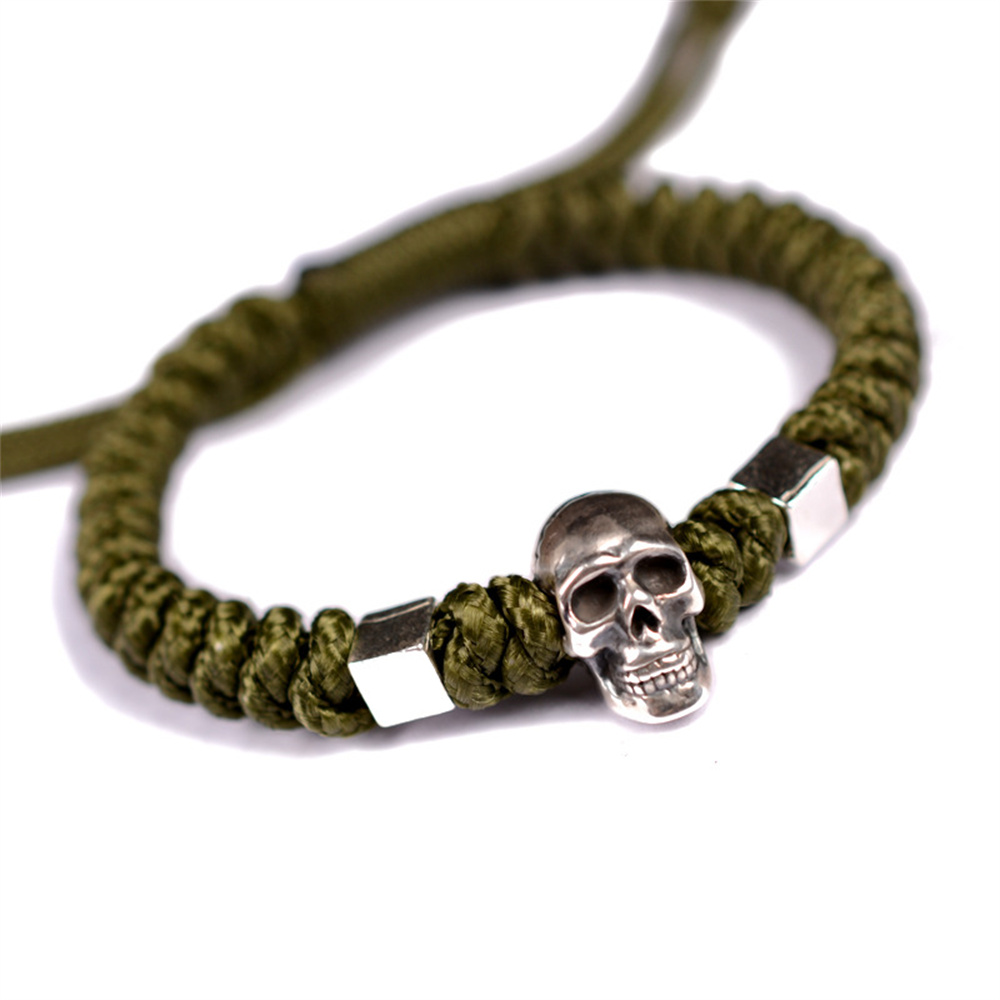Men's Skull Bracelet 999 Sterling Silver Bangles Handwoven Adjustable Rope - Picture 7 of 9