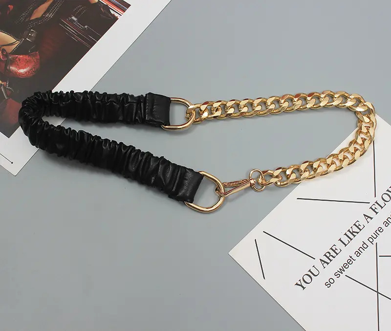 Thick Chain Single Loop Black Elasticated Belt With All-match Decoration
