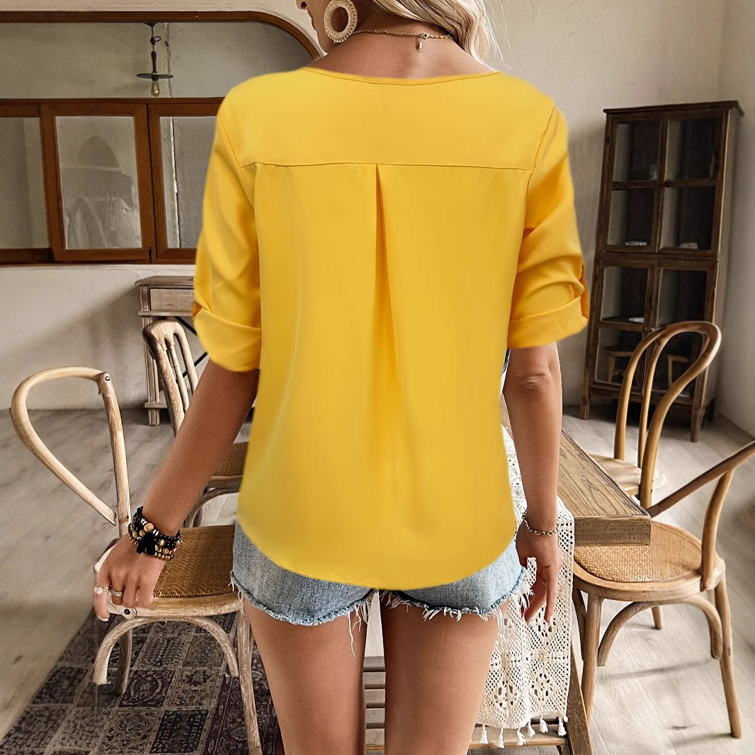 Solid Color Autumn Ladies Loose Half Sleeve Shirt Temperament Top