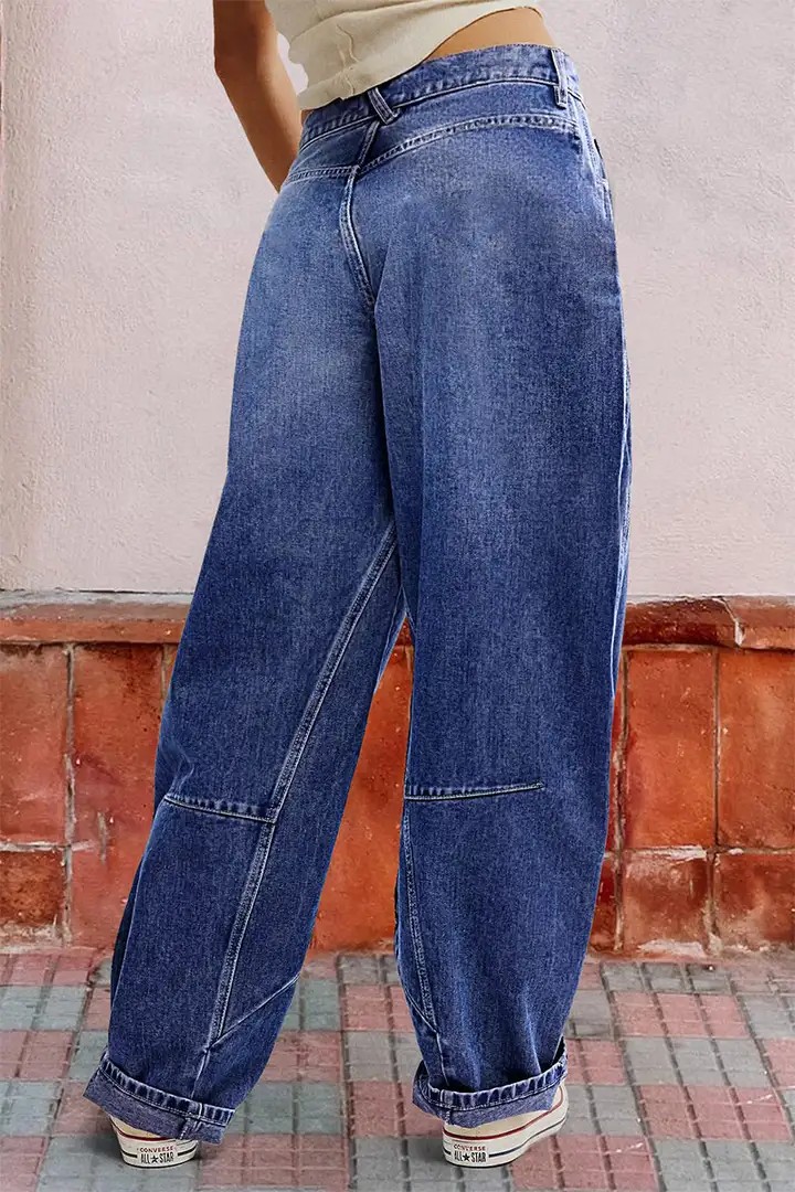 Pantalon en jean délavé vintage coupe large à coutures incurvées pour femmes US Ready Stock