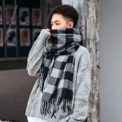 Men's Fashionable And Versatile Plaid Faux Cashmere Scarf - Black Grey - View 1