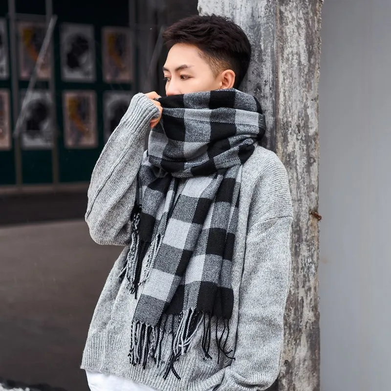 Men's Fashionable And Versatile Plaid Faux Cashmere Scarf - Black Grey